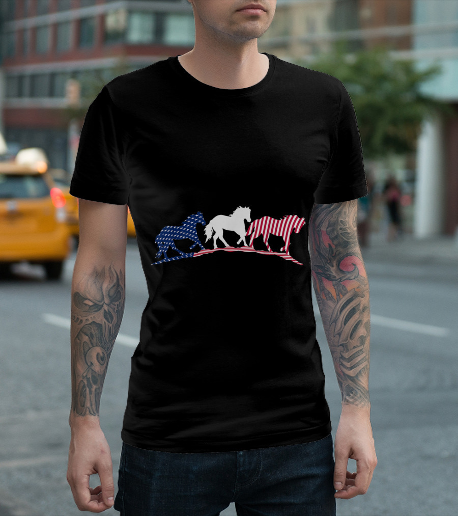 Patriotic Red White Blue Horse Trio With Stars And Stripes American Flag T-Shirt