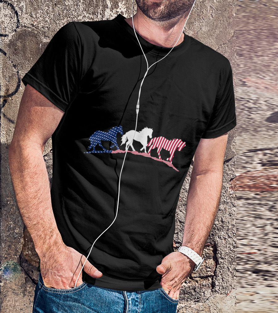 Patriotic Red White Blue Horse Trio With Stars And Stripes American Flag T-Shirt