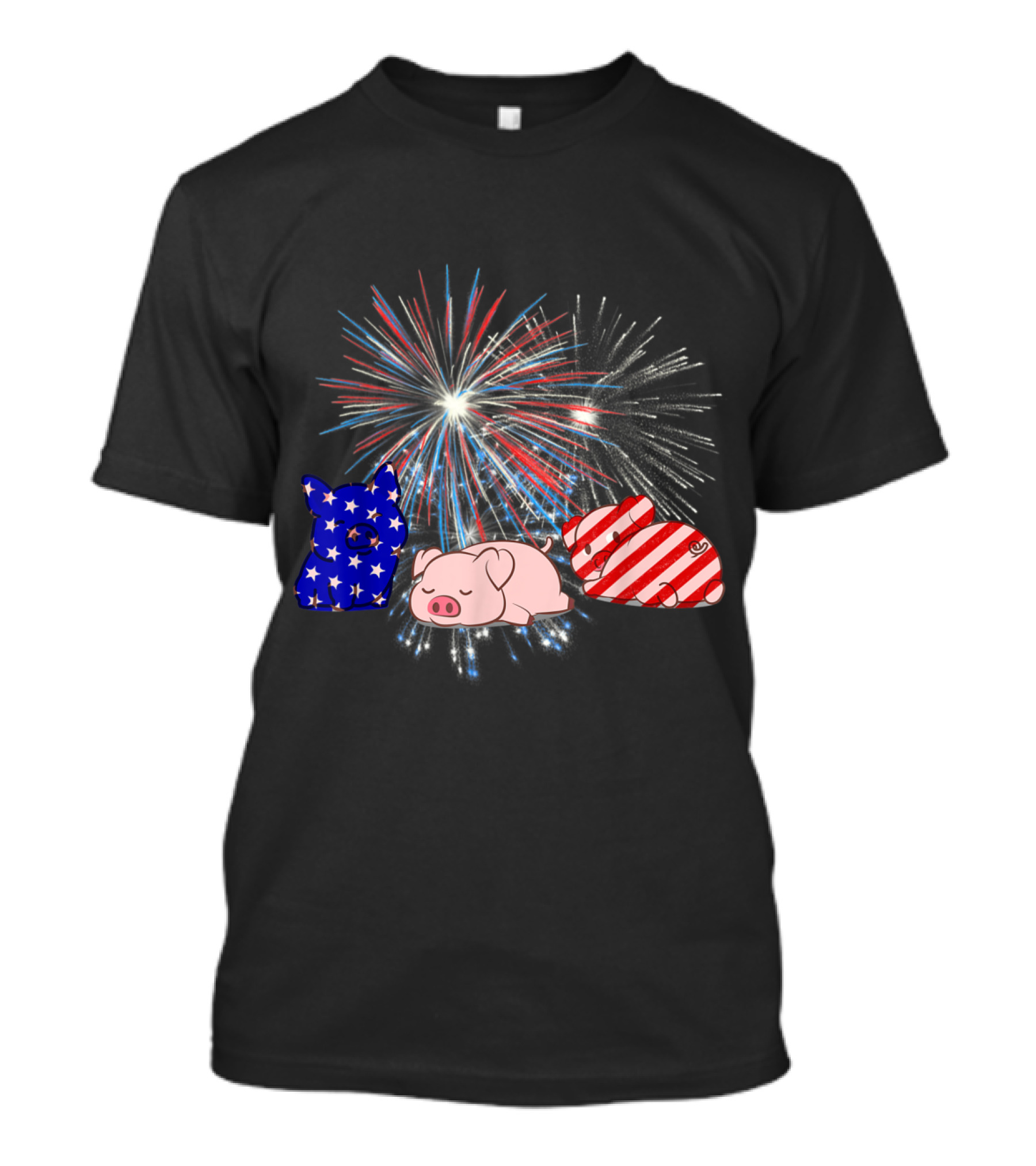 Red White Blue Star-Striped Pigs With Fireworks Patriotic T-Shirt