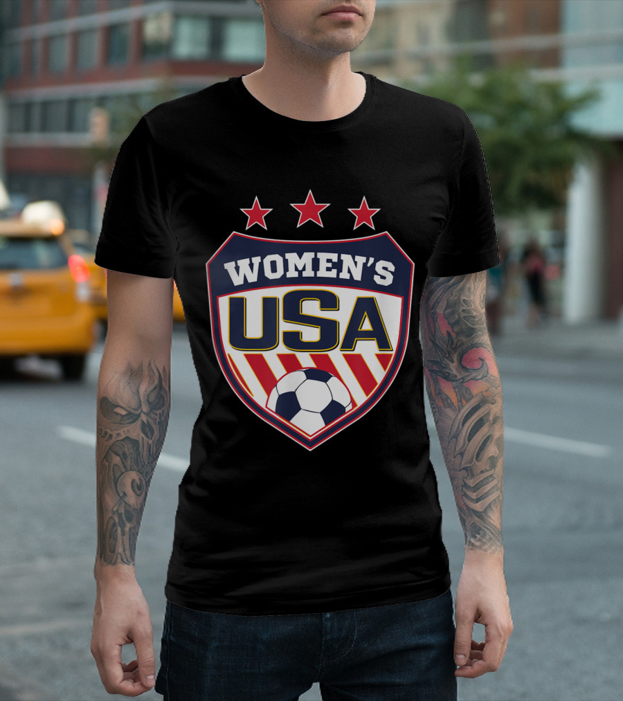 Women's USA Soccer Shield Stars Red White Blue Ball T-Shirt