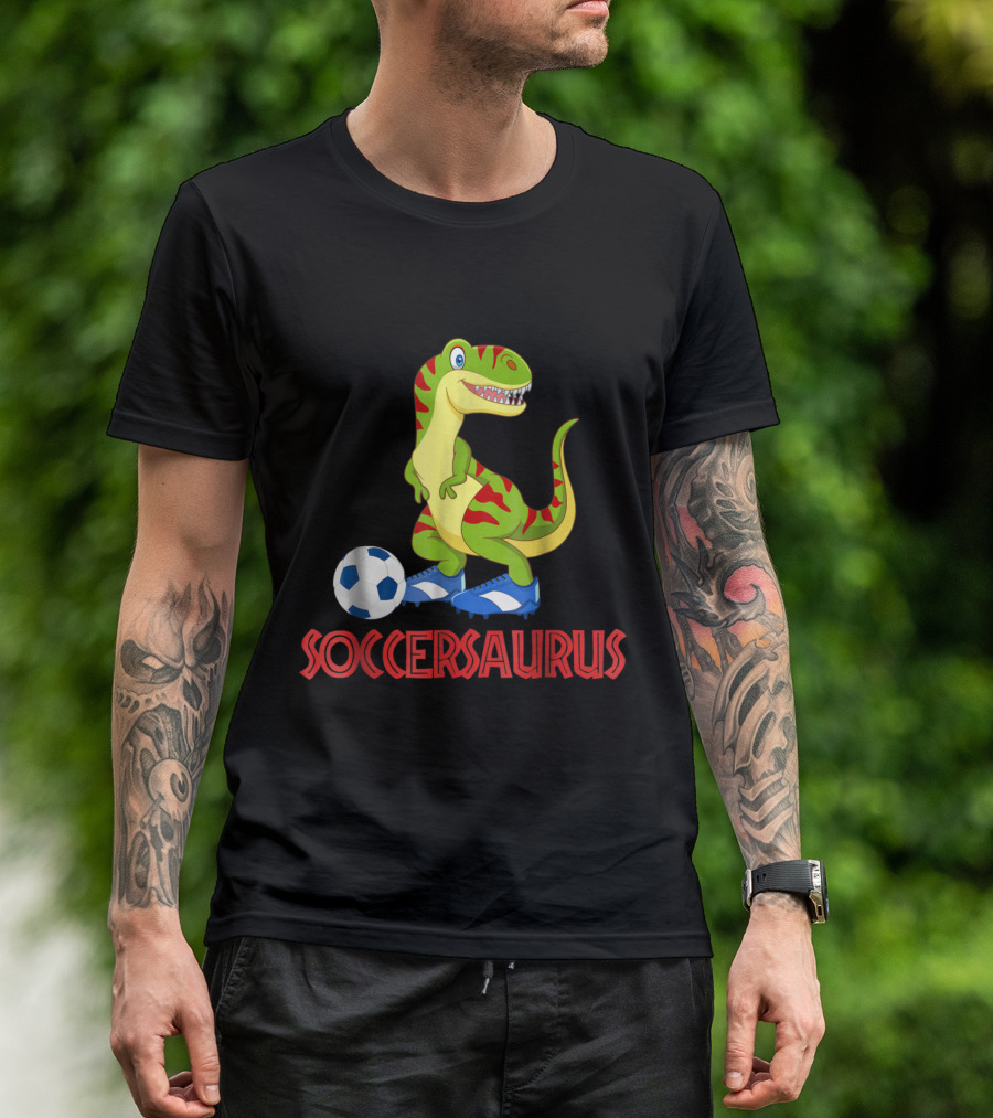 Soccersaurus Dinosaur Playing Soccer With Blue Cleats And Ball T-Shirt