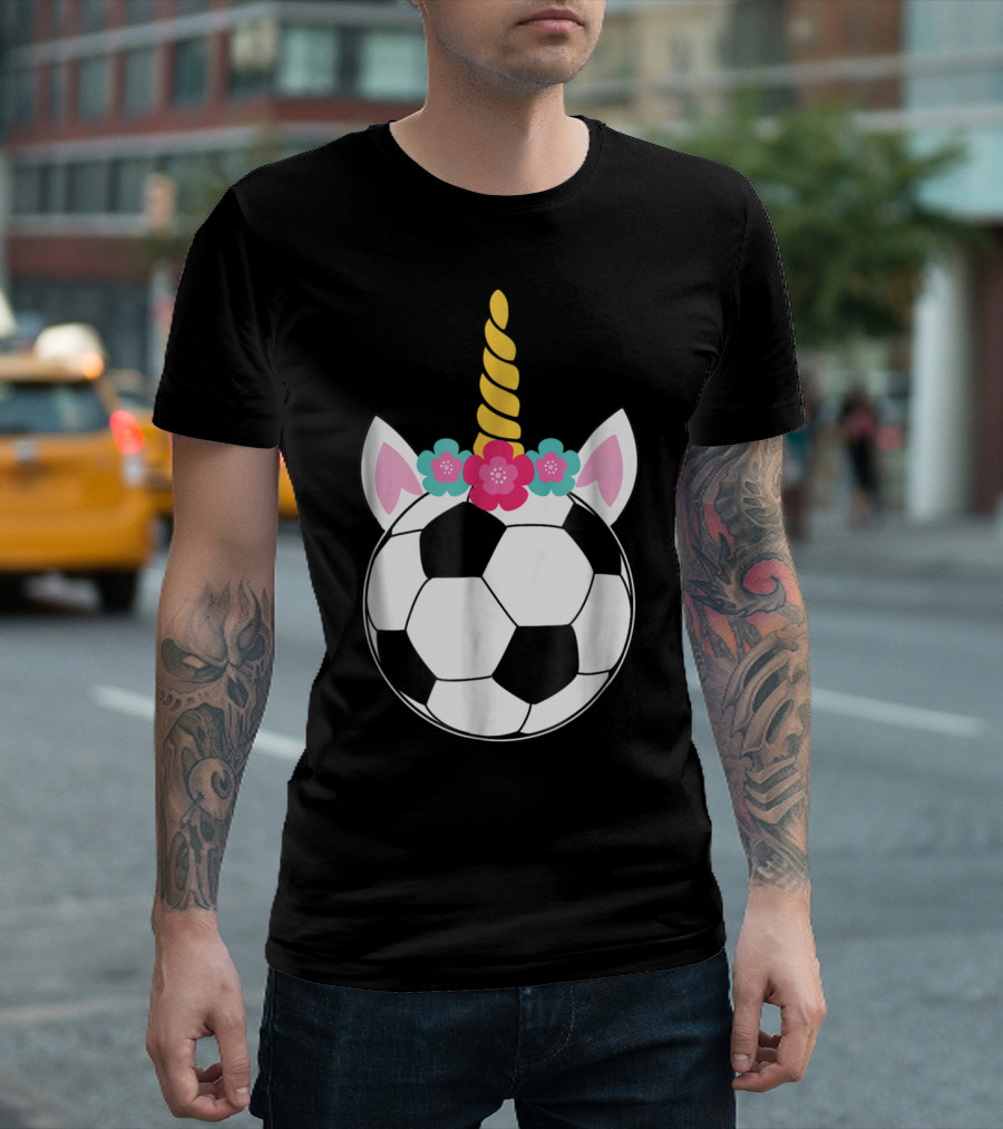 Soccicorn Funny Soccer Unicorn Pink Sparkle with Floral Horn and Ears T-Shirt