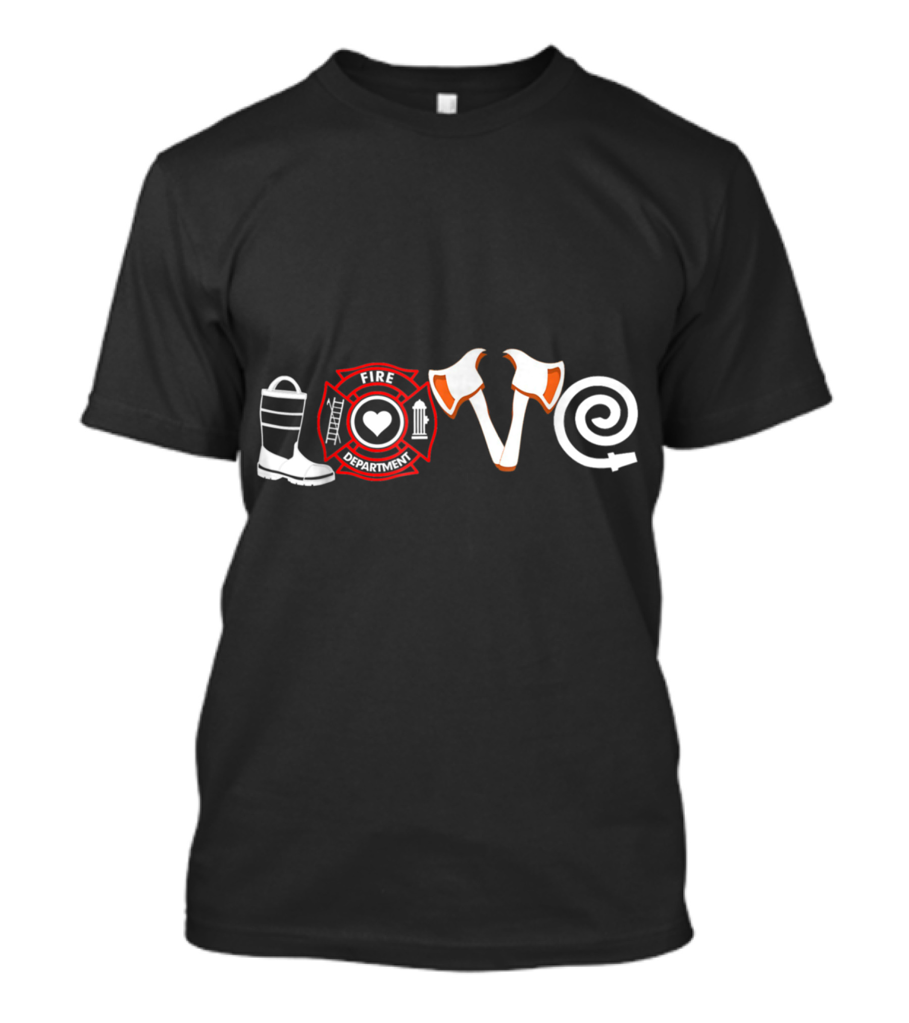 Fire Department Love Symbols: Firefighter Boot, Heart Badge, Axes, And Hose T-Shirt