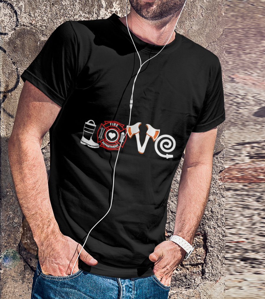 Fire Department Love Symbols: Firefighter Boot, Heart Badge, Axes, And Hose T-Shirt
