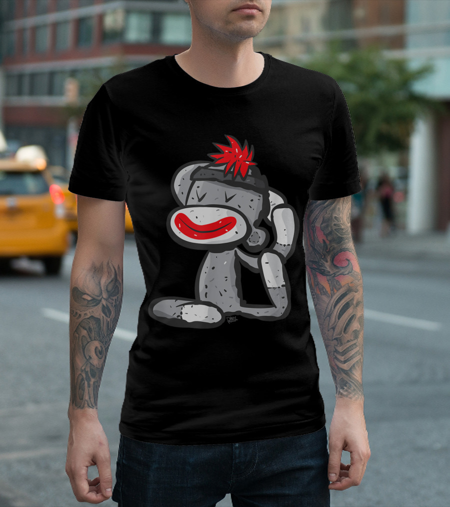 Funny Sock Monkey In Yoga Pose With Red Pom-Pom Hat T-Shirt