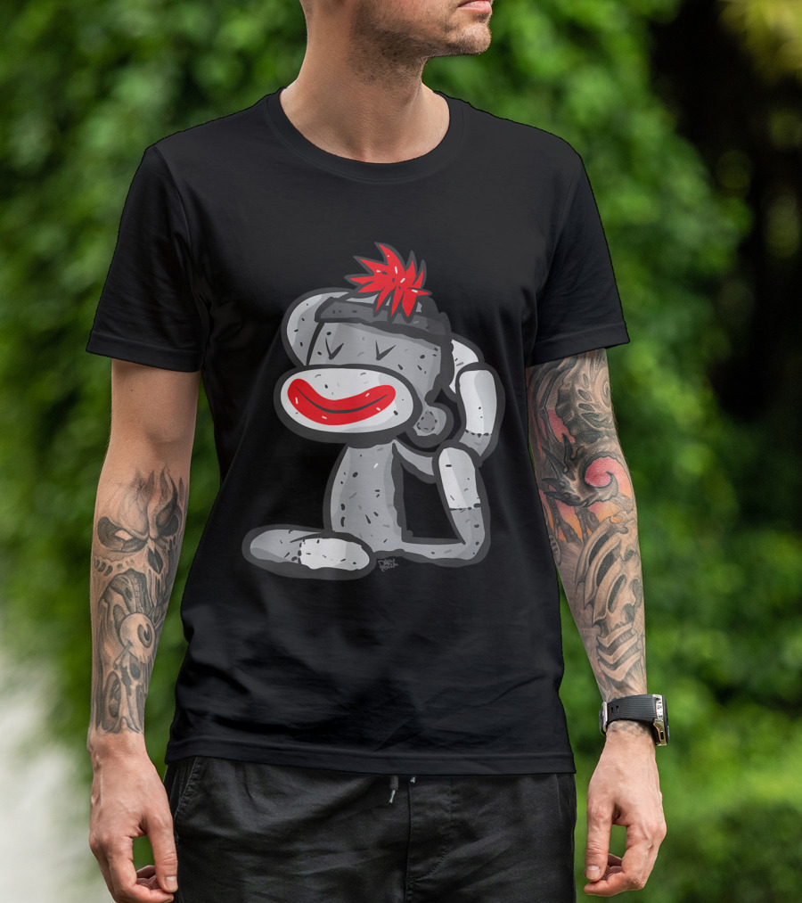 Funny Sock Monkey In Yoga Pose With Red Pom-Pom Hat T-Shirt