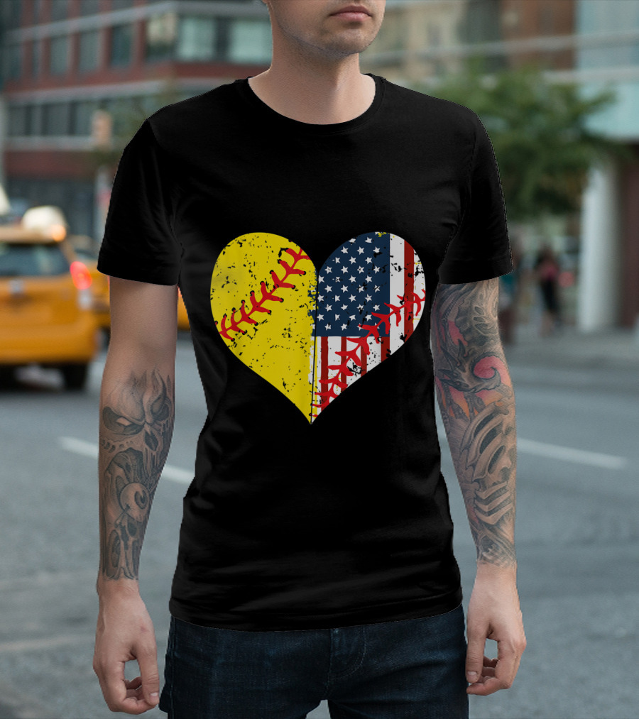 Heart Shaped Softball Stitching with American Flag Stars and Stripes for 4th of July T-Shirt
