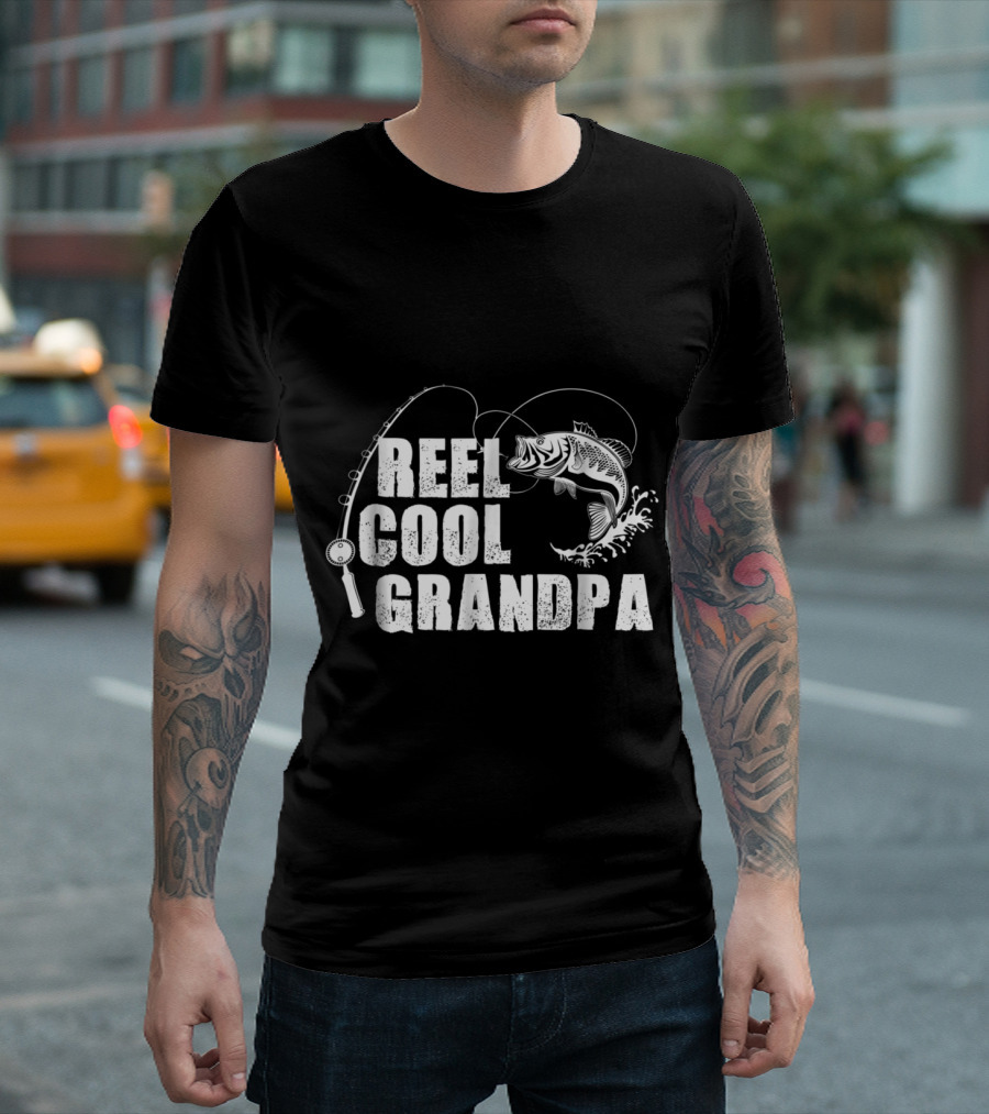 Reel Cool Grandpa Fishing with Rod and Bass Splash T-Shirt