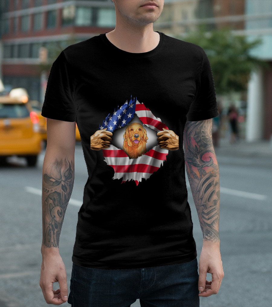 Ripped American Flag Featuring Golden Retriever with Open Hands T-Shirt