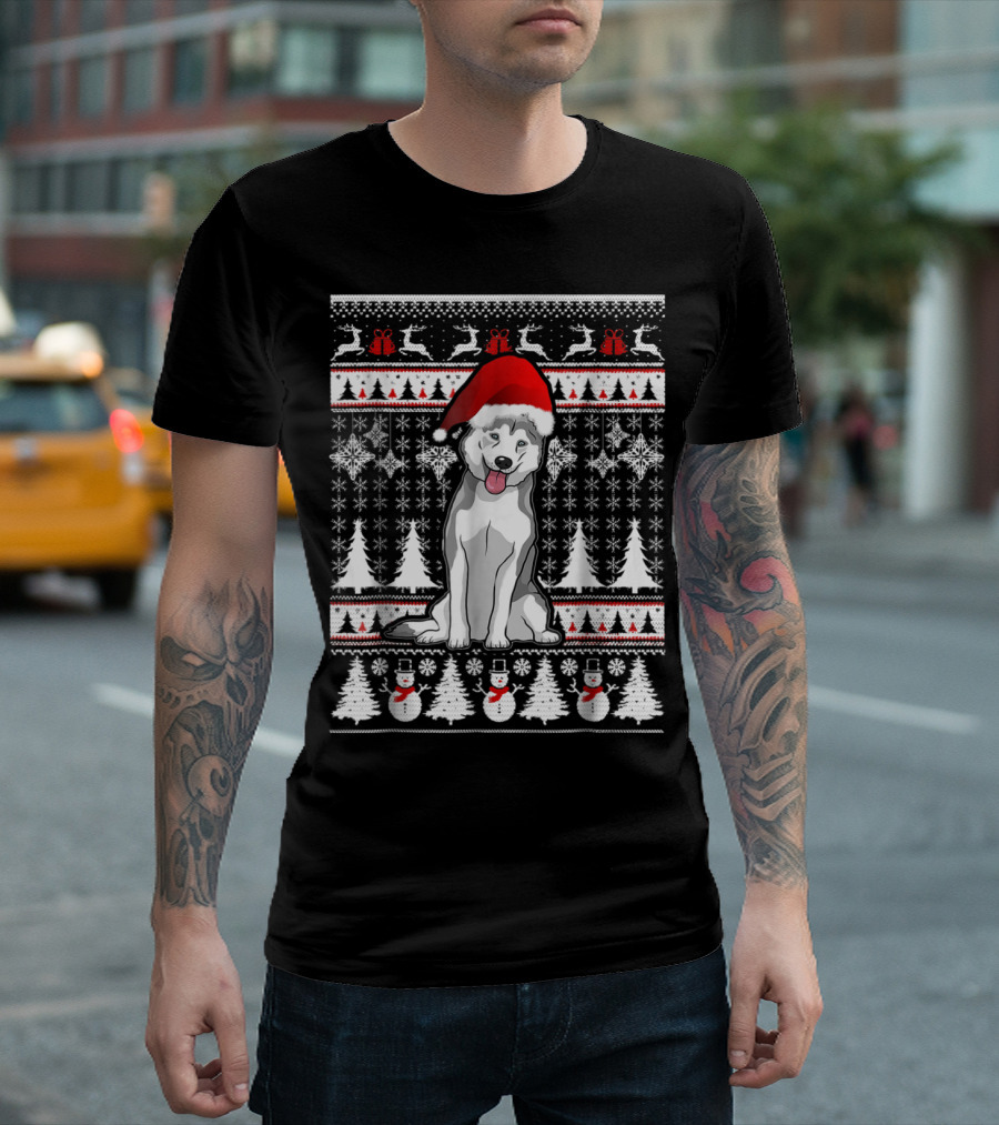 Festive Ugly Christmas Sweater with Siberian Husky in Santa Hat and Holiday Icons T-Shirt
