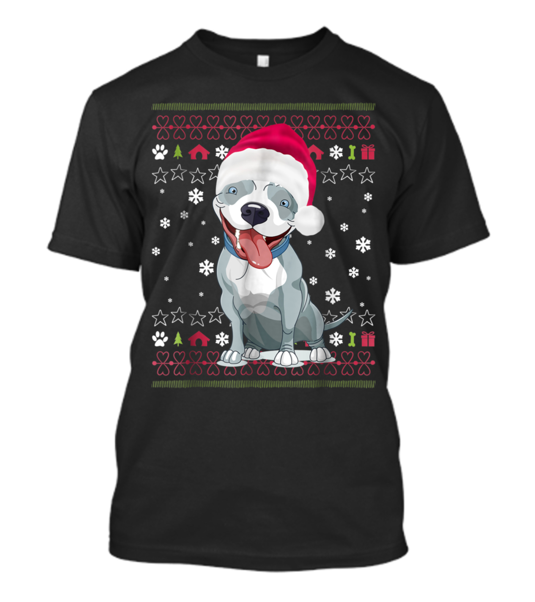 Smiling Pit Bull With Santa Hat On Festive Christmas Background With Snowflakes And Paw Prints T-Shirt