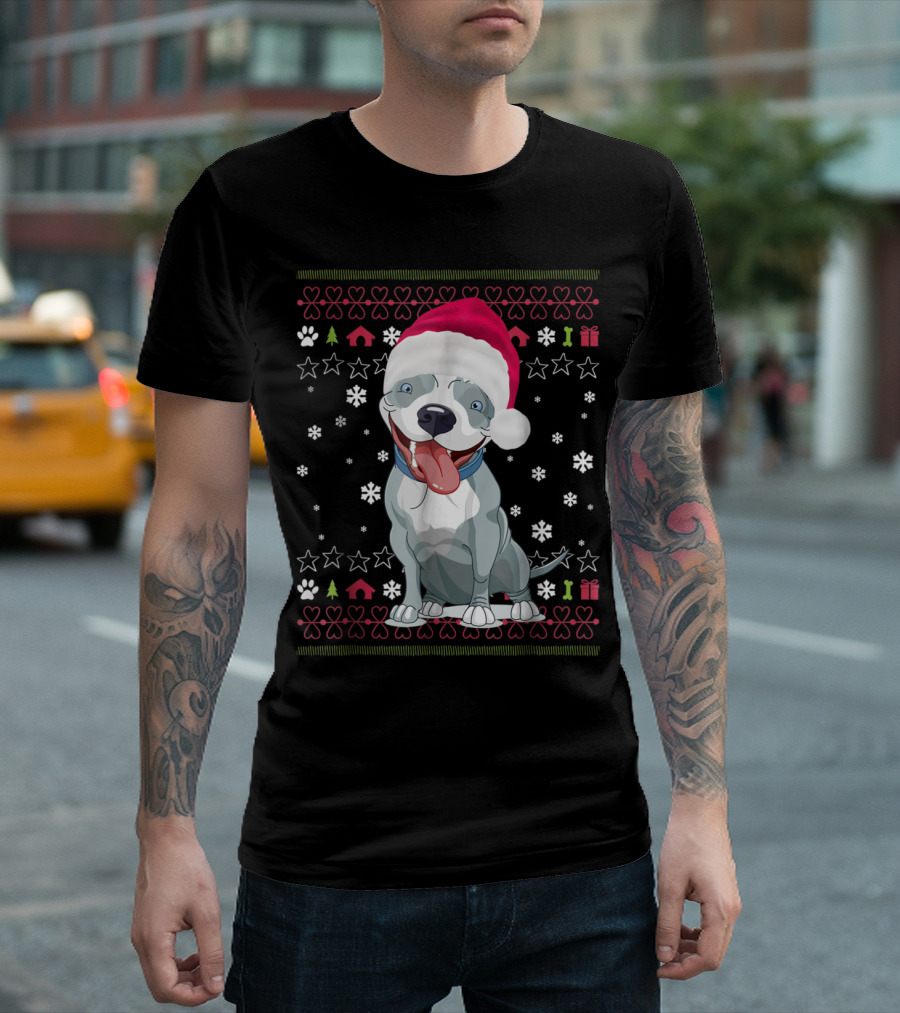 Smiling Pit Bull with Santa Hat on Festive Christmas Background with Snowflakes and Paw Prints T-Shirt