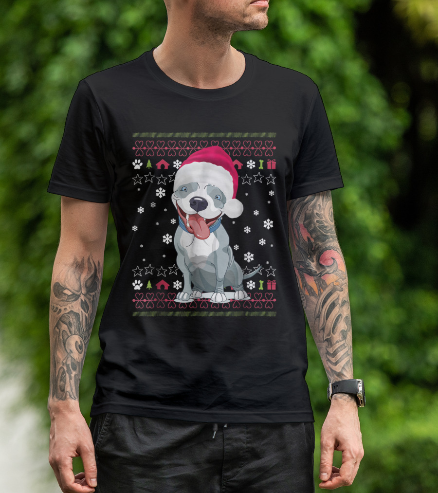 Smiling Pit Bull With Santa Hat On Festive Christmas Background With Snowflakes And Paw Prints T-Shirt