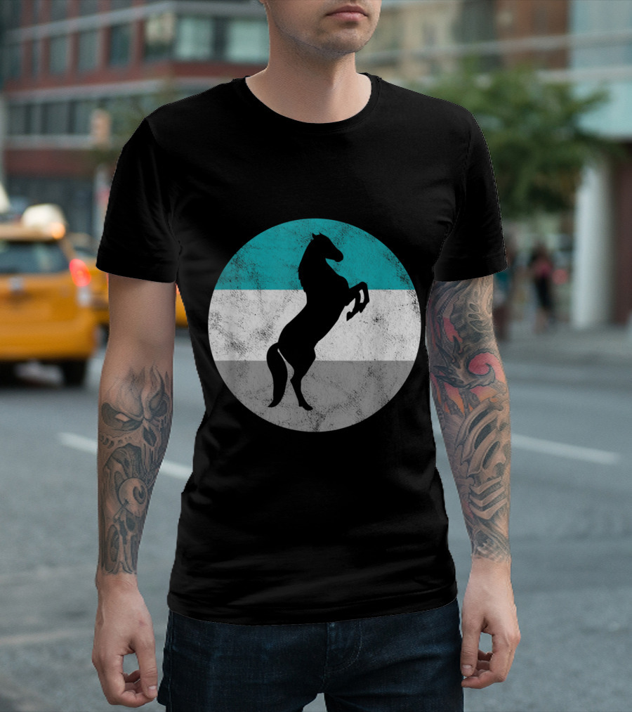 Wild Stallion Horse Silhouette with Teal Stripe Circle T-Shirt