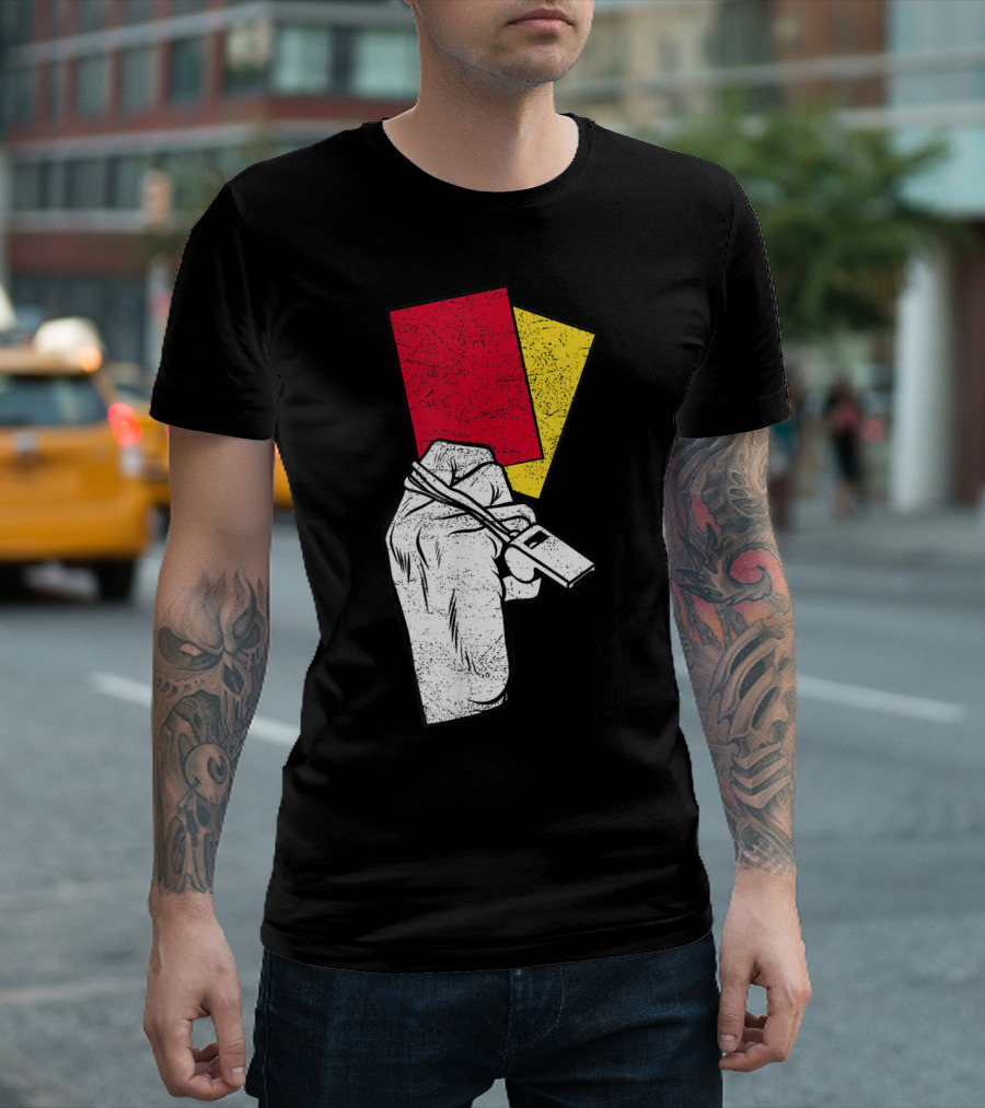 Whistle Referee Hand Holding Red Yellow Card Soccer Coach T-Shirt