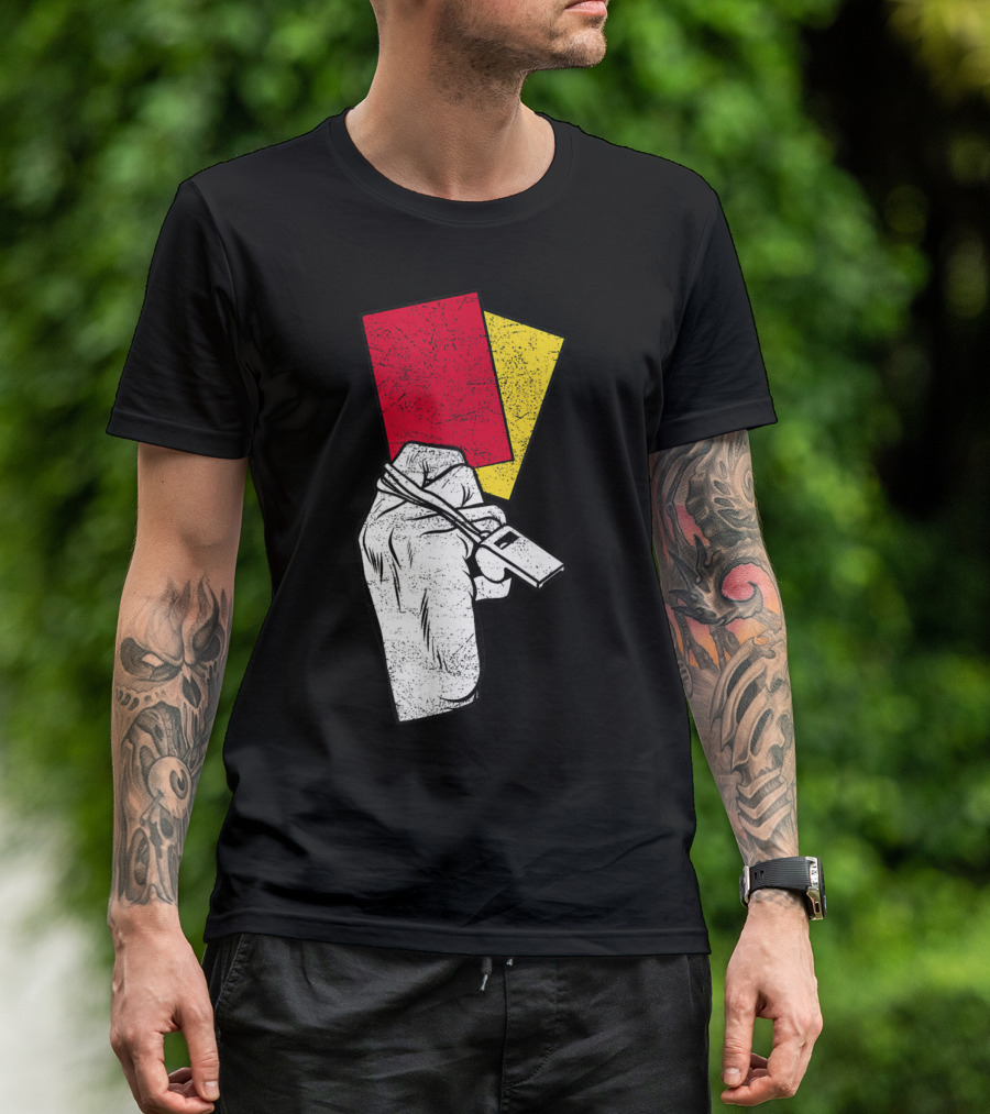 Whistle Referee Hand Holding Red Yellow Card Soccer Coach T-Shirt