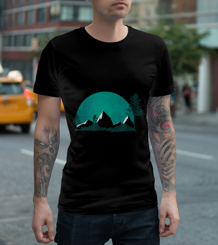 Wilderness Hiking Scenic Mountain Silhouette with Trees and Hiker T-Shirt