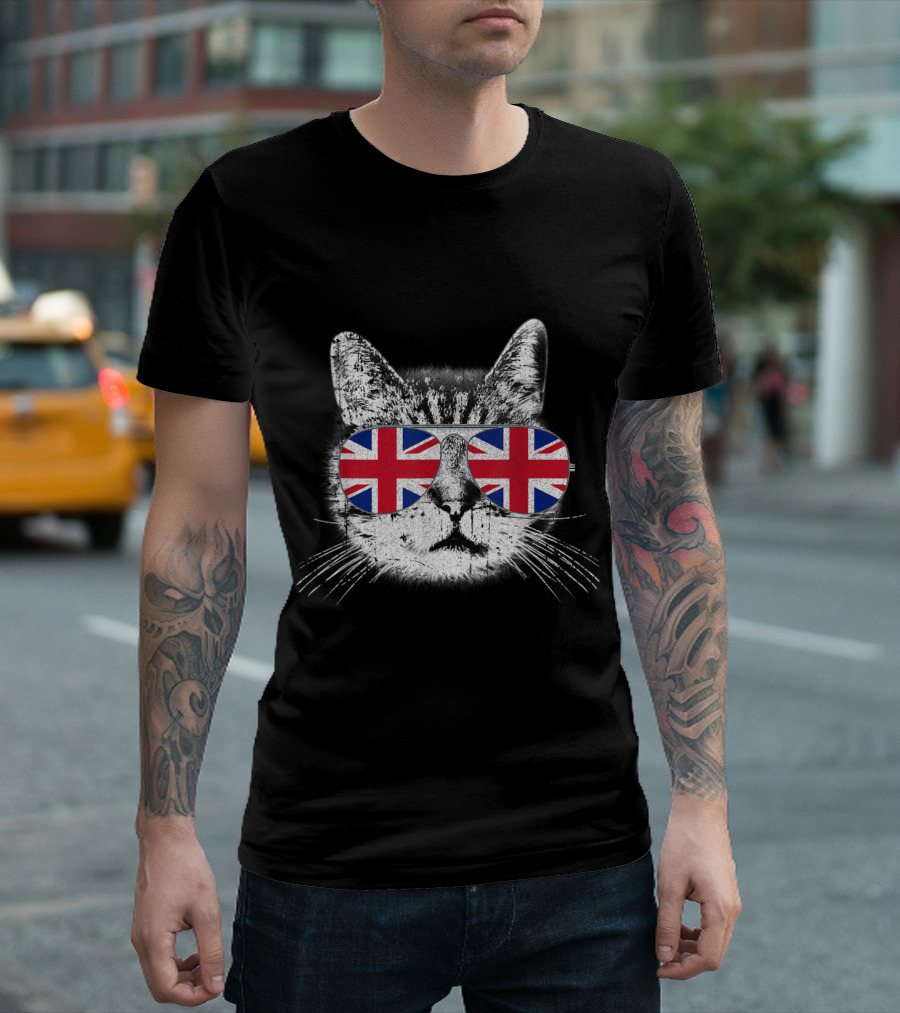 Union Jack Sunglasses Cat UK Flag England T-Shirt
