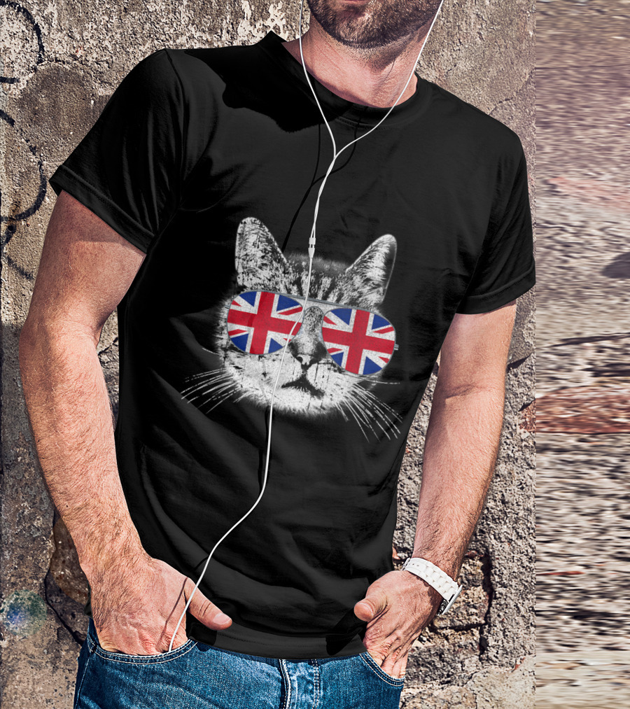 Union Jack Sunglasses Cat UK Flag England T-Shirt