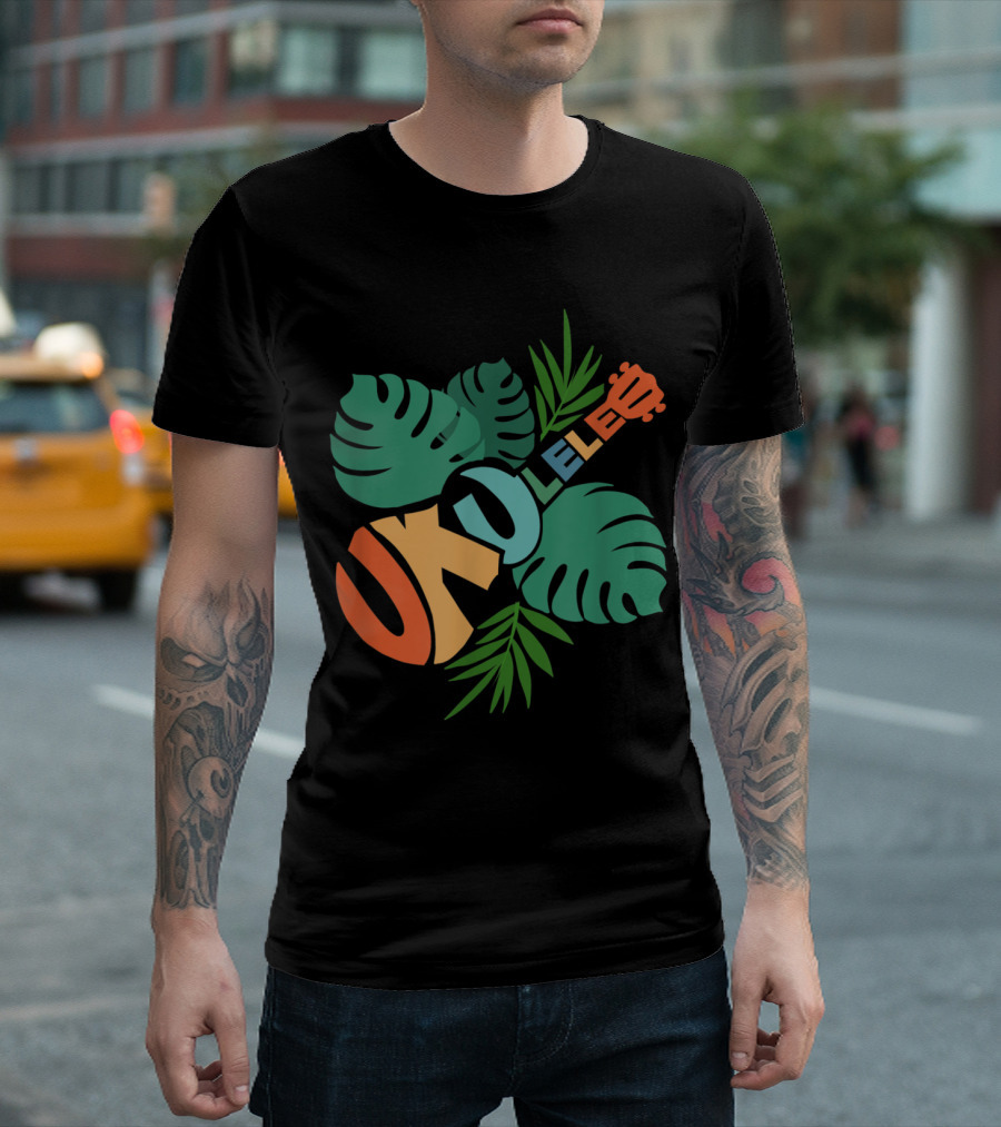 Ukulele Hawaii Tropical Music Monstera Leaves T-Shirt