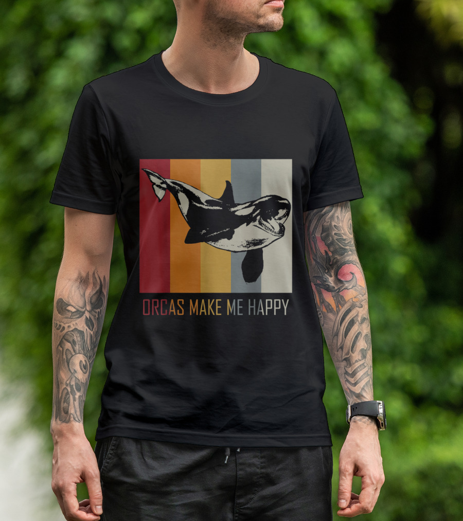 Orcas Make Me Happy Retro Killer Whale Stripes T-Shirt