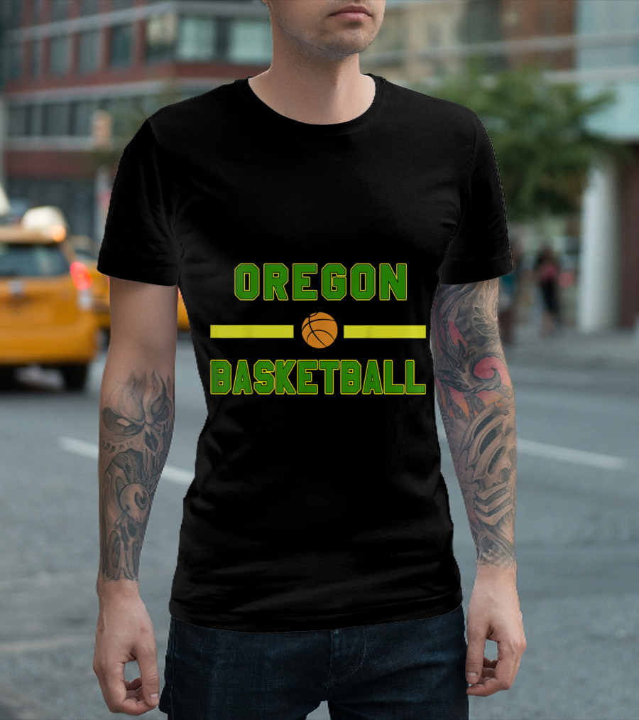 Oregon Basketball Green and Yellow Text with Orange Ball T-Shirt