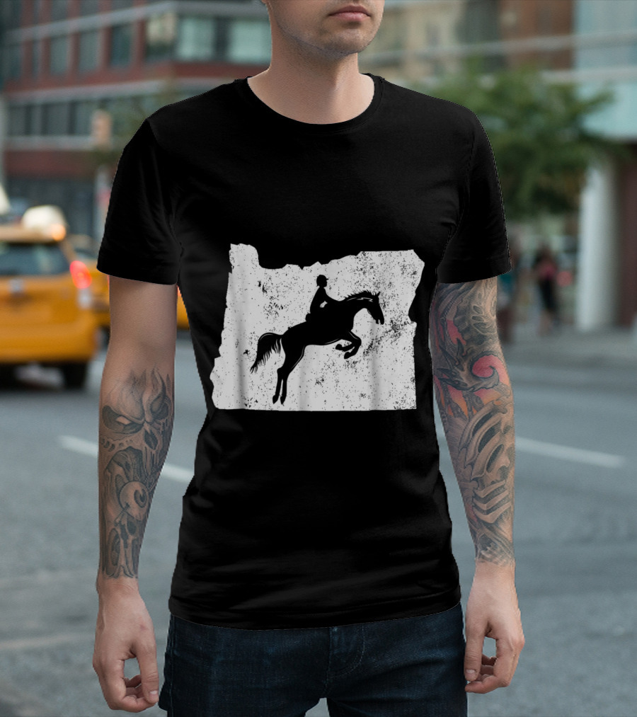 Oregon Equestrian Horse Jumping Silhouette on State Outline T-Shirt