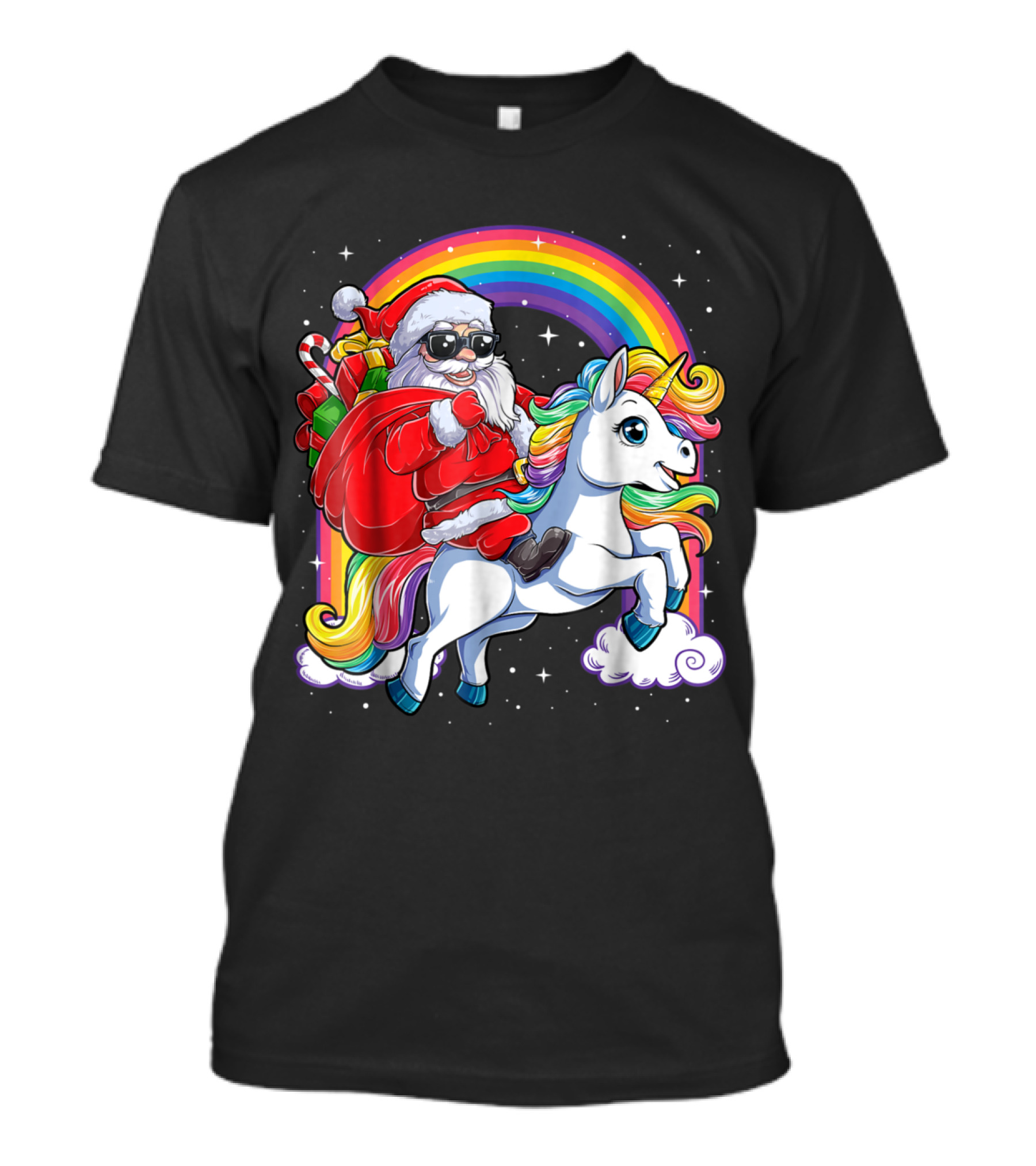 Santa Claus Riding Unicorn With Rainbow And Christmas Gift Bag T-Shirt