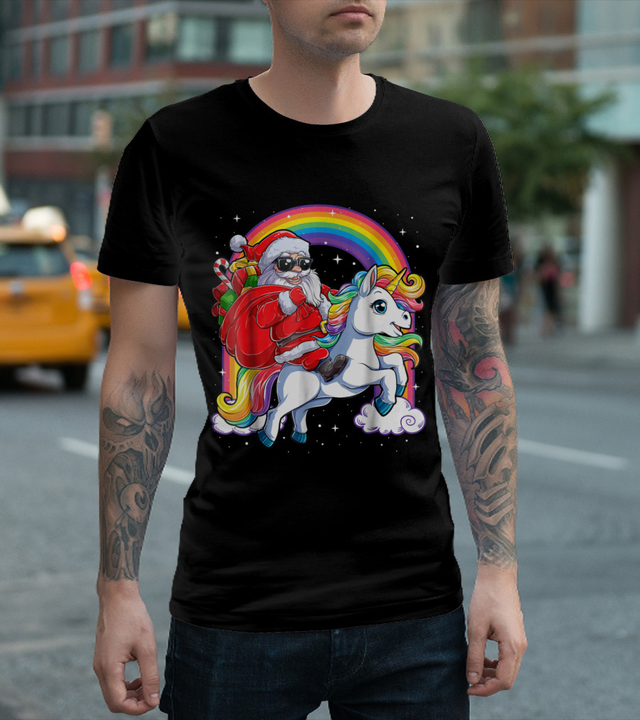 Santa Claus Riding Unicorn With Rainbow And Christmas Gift Bag T-Shirt