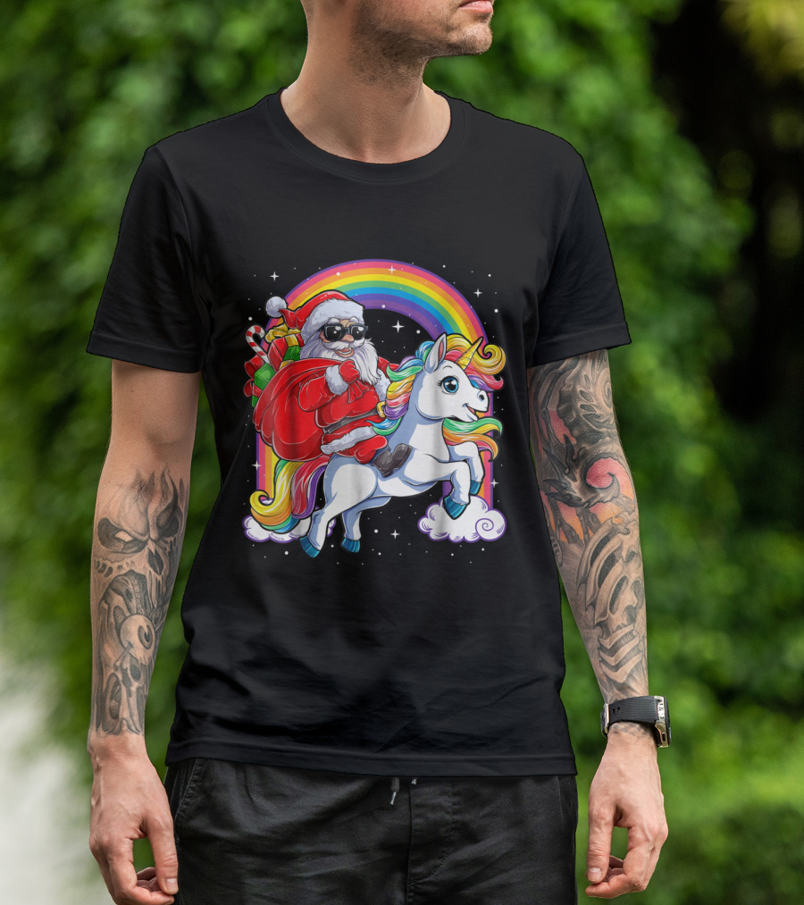 Santa Claus Riding Unicorn With Rainbow And Christmas Gift Bag T-Shirt