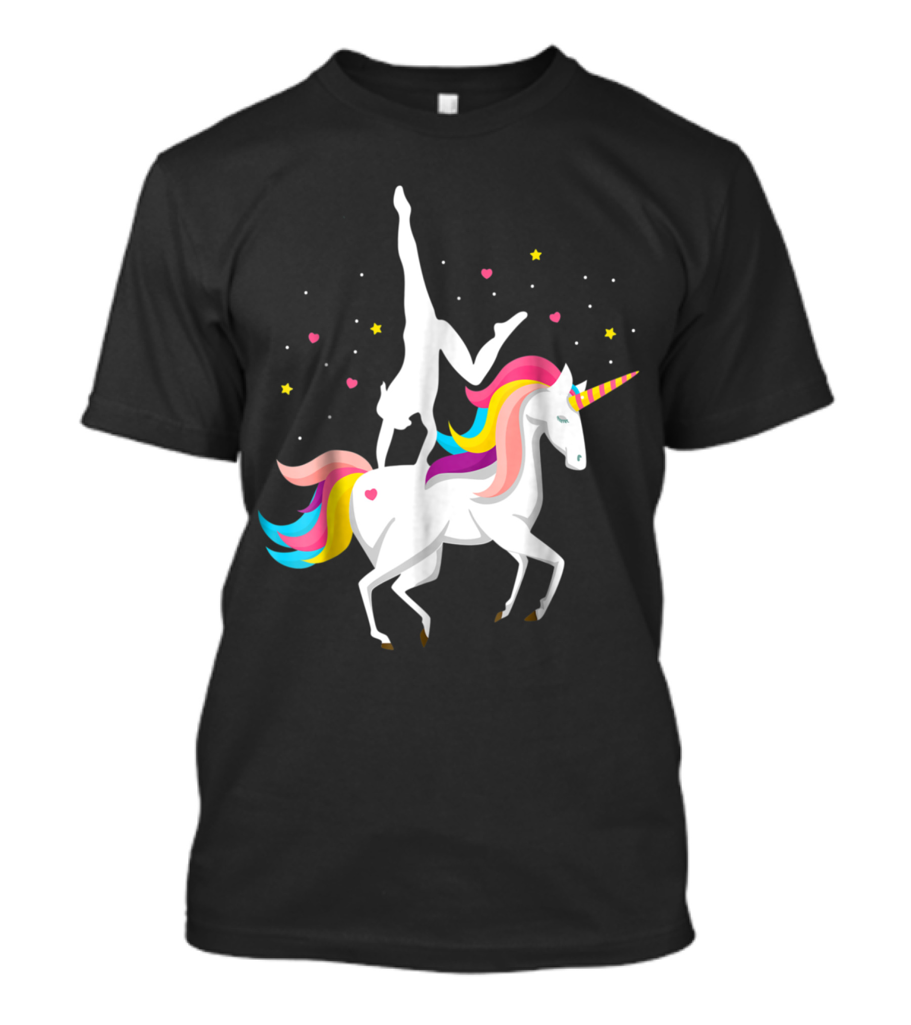 Unicorn Equestrian Vaulting Girls Gymnastics On Magical Rainbow Horse With Hearts And Stars T-Shirt