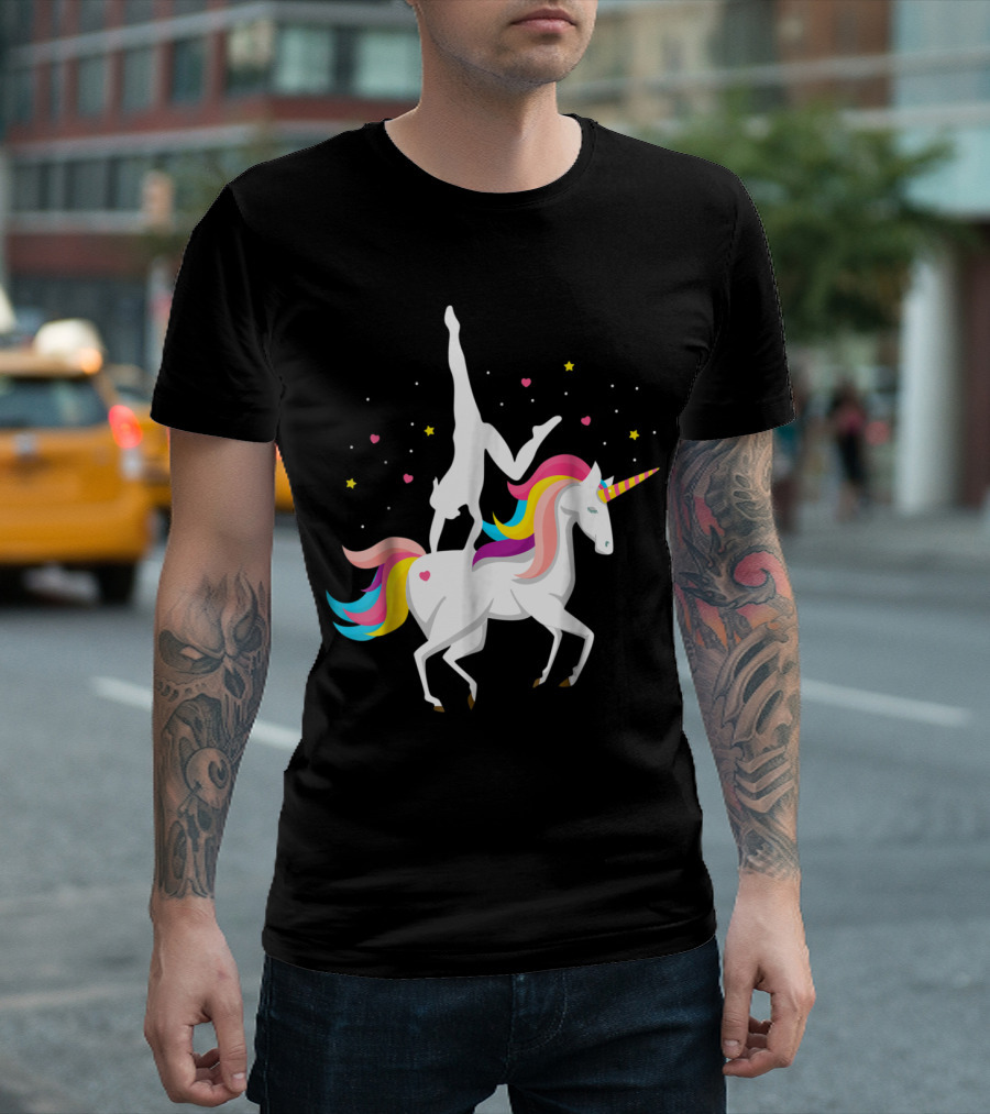 Unicorn Equestrian Vaulting Girls Gymnastics On Magical Rainbow Horse With Hearts And Stars T-Shirt