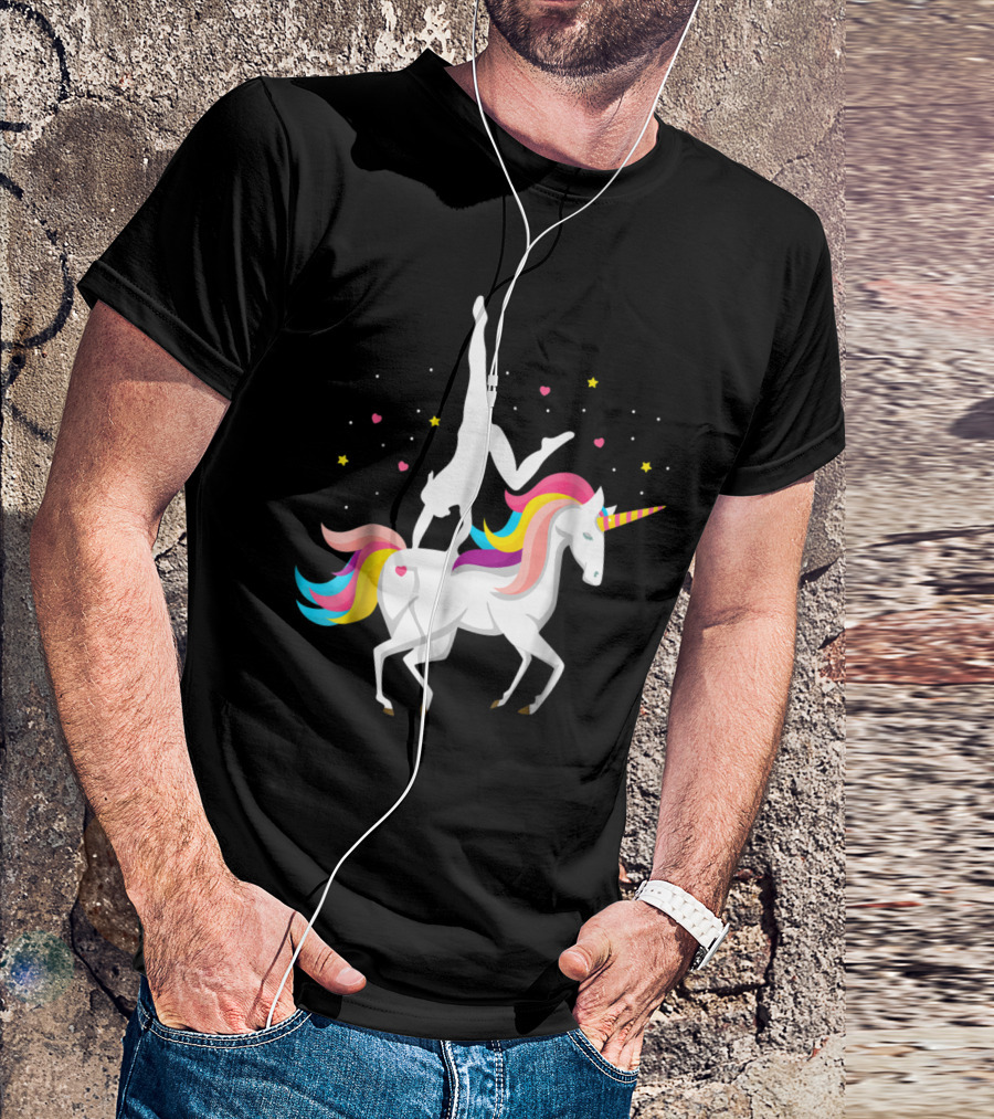 Unicorn Equestrian Vaulting Girls Gymnastics On Magical Rainbow Horse With Hearts And Stars T-Shirt