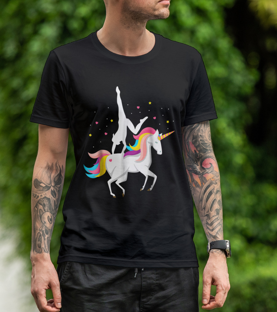Unicorn Equestrian Vaulting Girls Gymnastics On Magical Rainbow Horse With Hearts And Stars T-Shirt