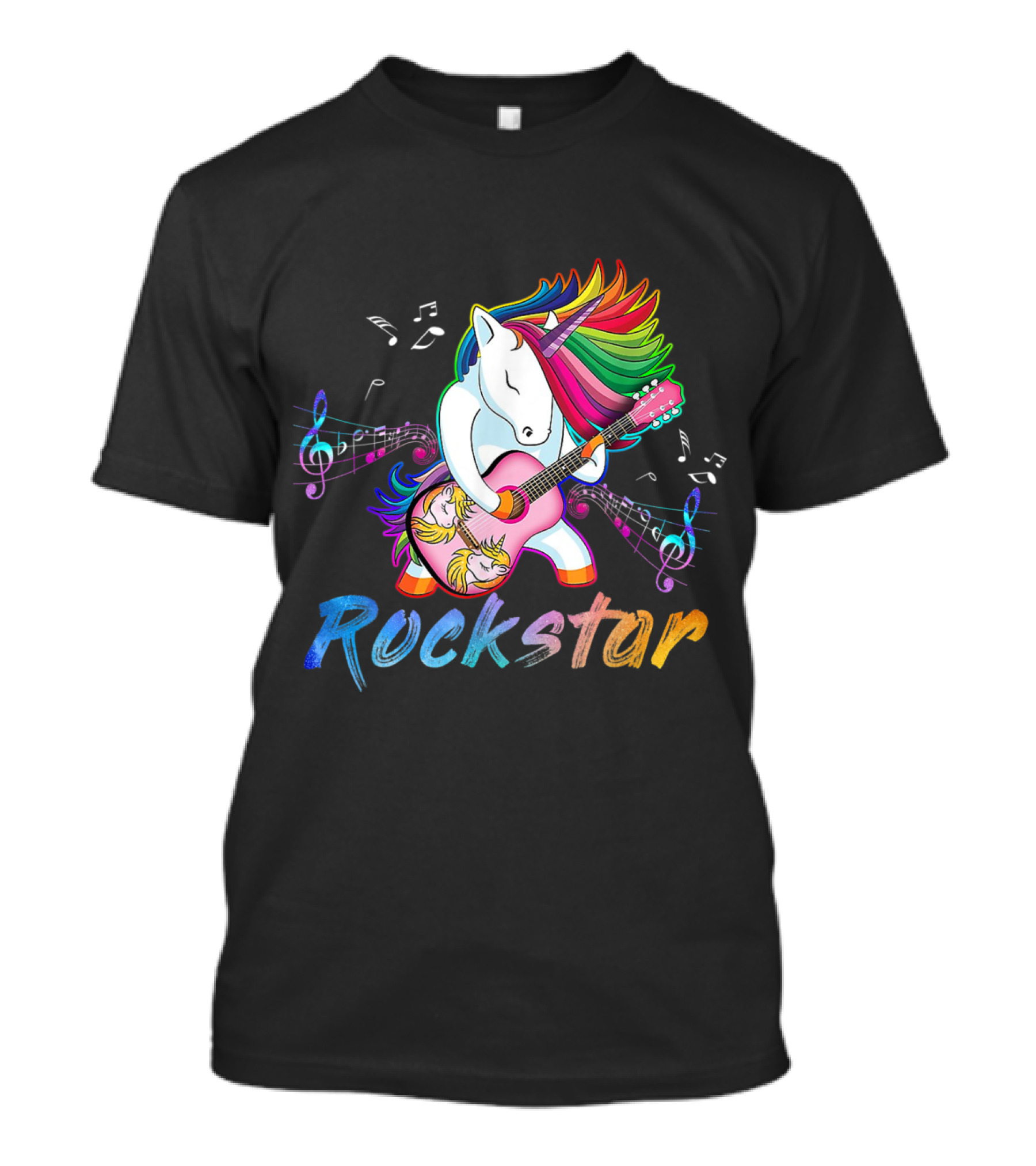 Rockstar Unicorn Rockin' Guitar With Rainbow Mane And Musical Notes T-Shirt