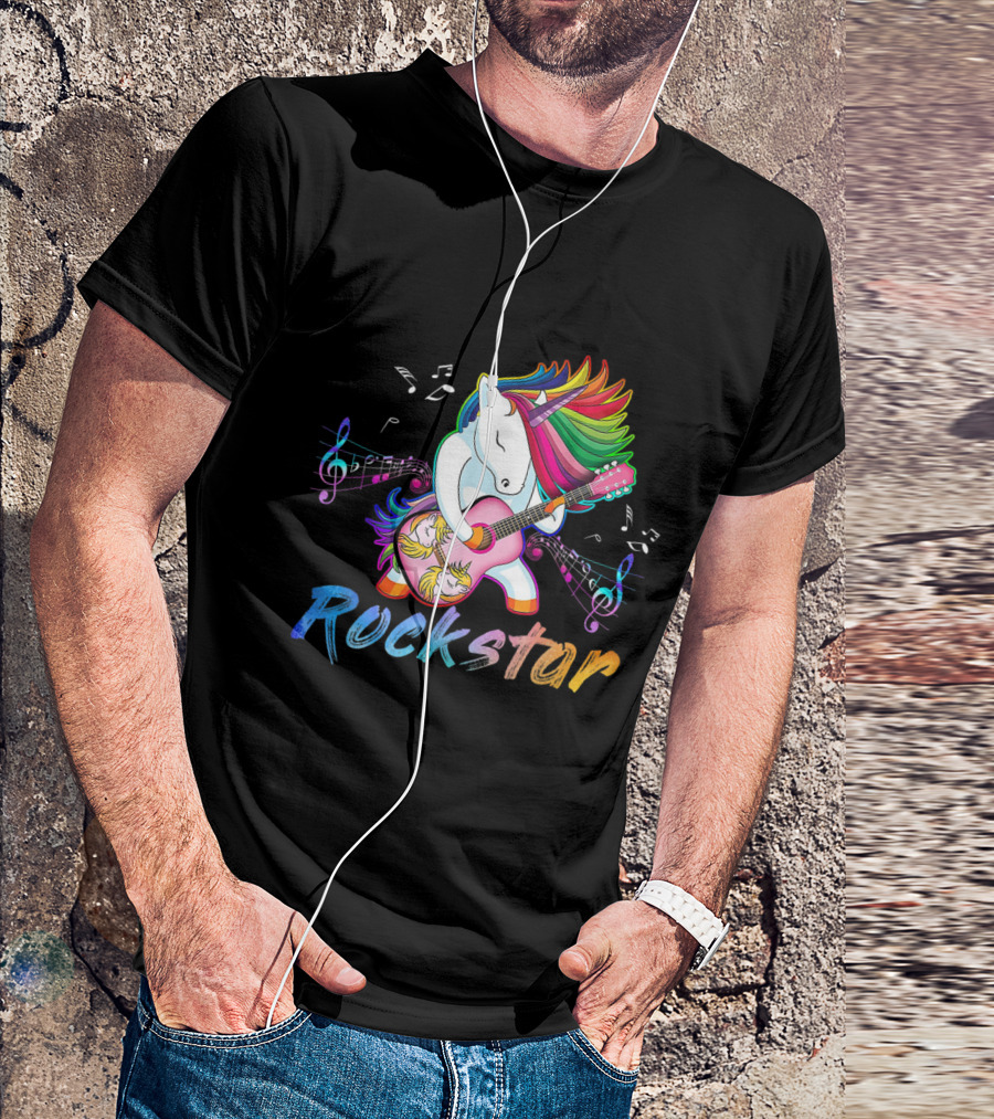 Rockstar Unicorn Rockin' Guitar With Rainbow Mane And Musical Notes T-Shirt