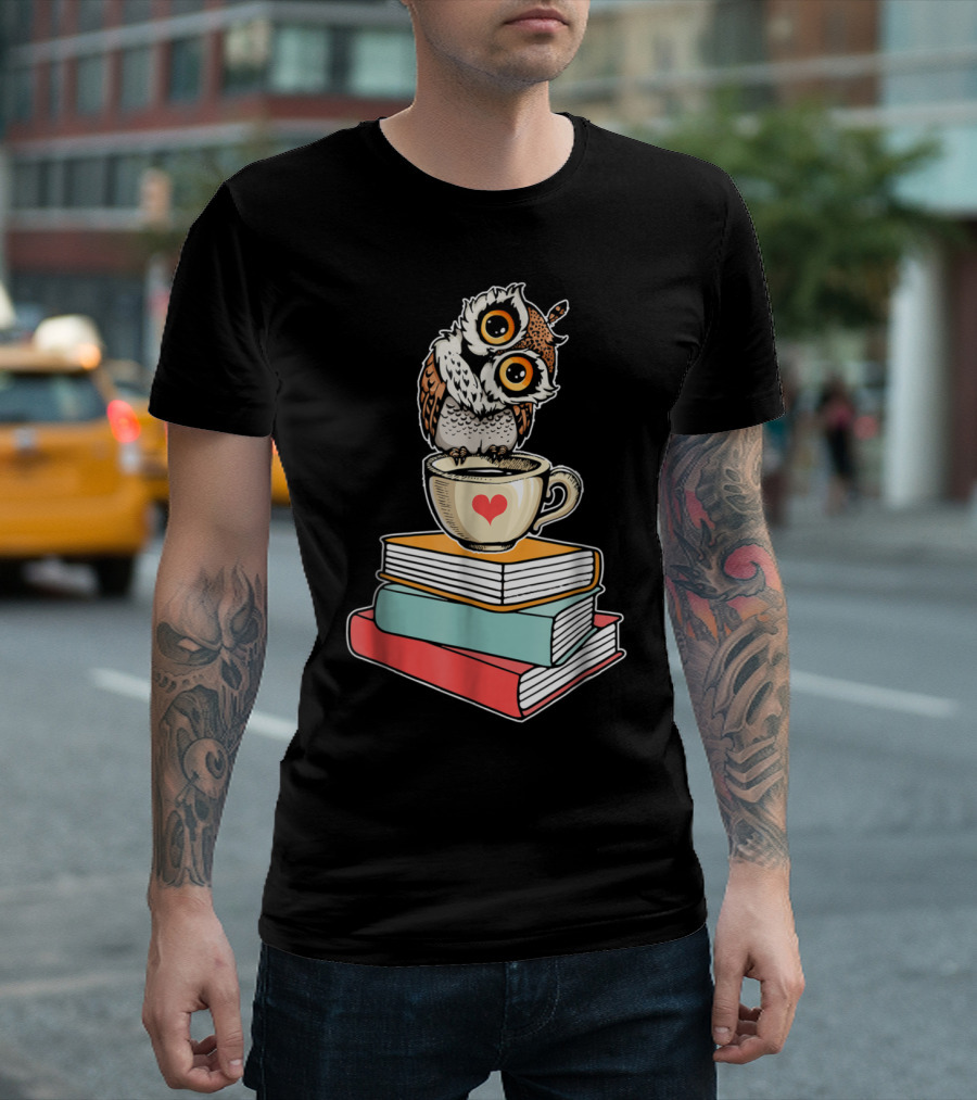 Owl Perched on Coffee Cup with Heart atop Stacked Books for Book and Coffee Lovers T-Shirt