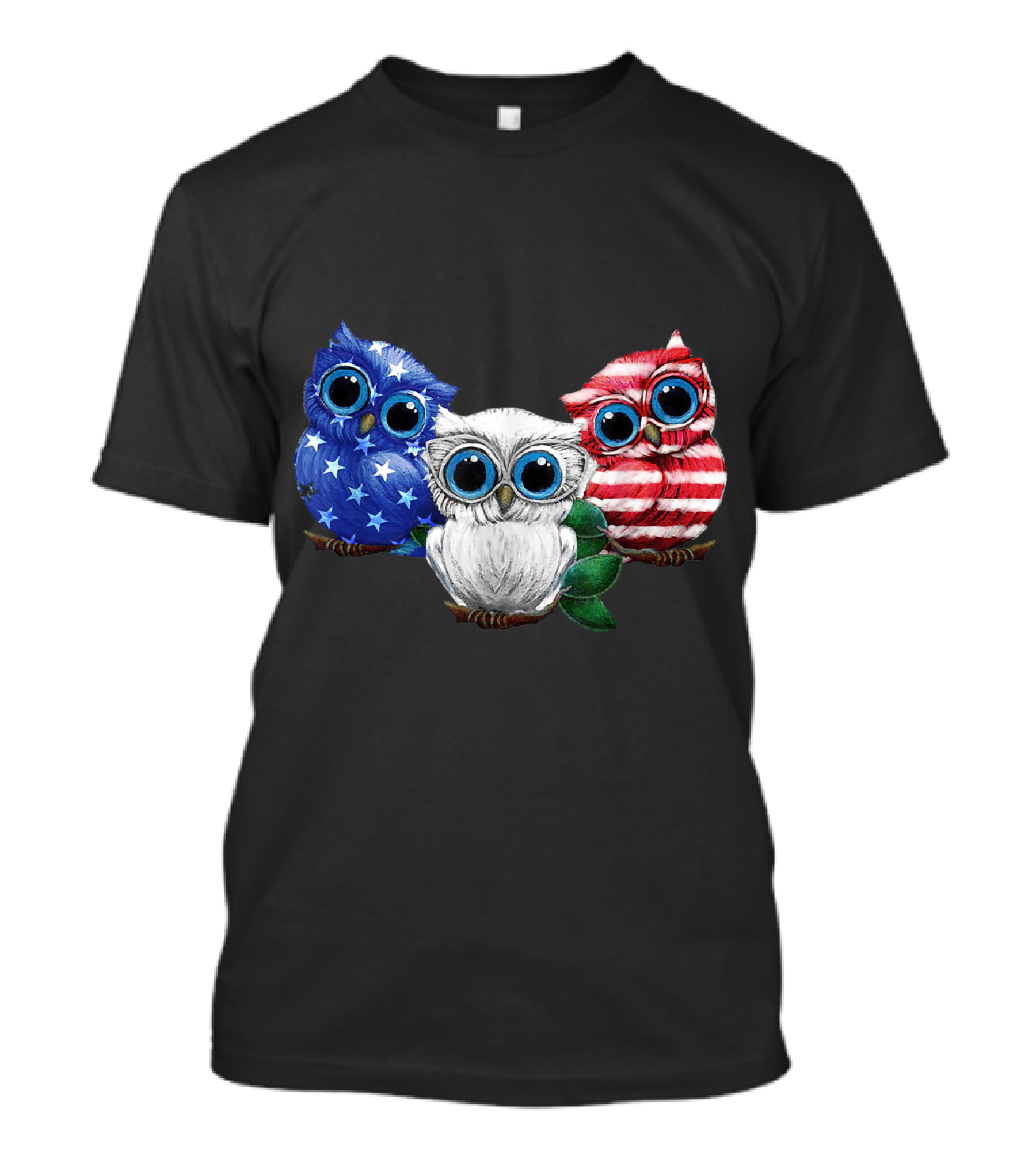 Patriotic Owl Trio In Blue Stars White Red Stripes Flag Colors T-Shirt
