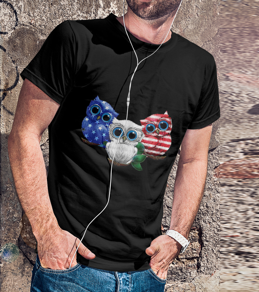 Patriotic Owl Trio In Blue Stars White Red Stripes Flag Colors T-Shirt