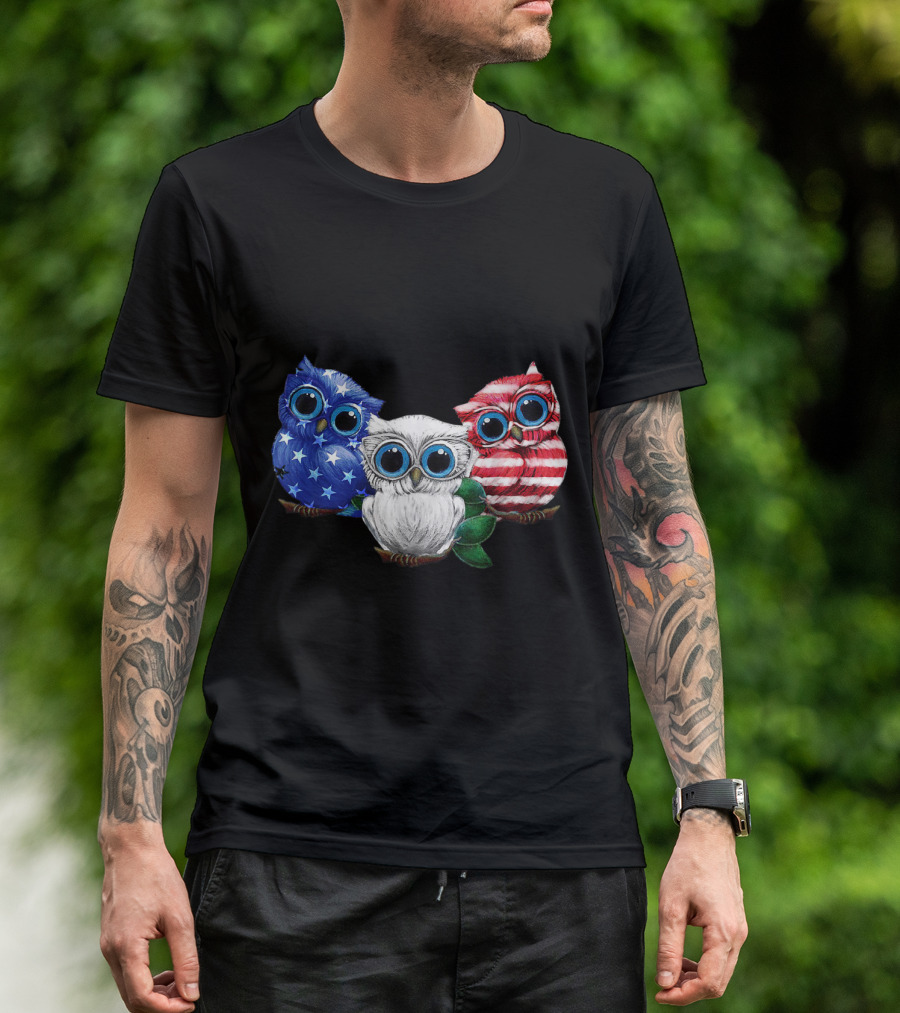 Patriotic Owl Trio In Blue Stars White Red Stripes Flag Colors T-Shirt