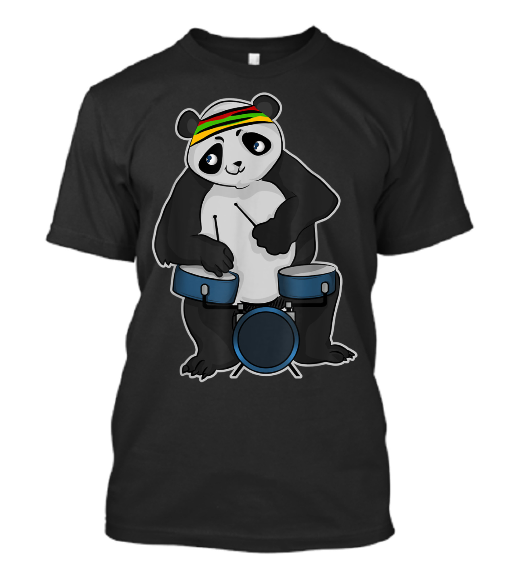Panda Drummer With Reggae Headband Playing Blue Drum Set T-Shirt