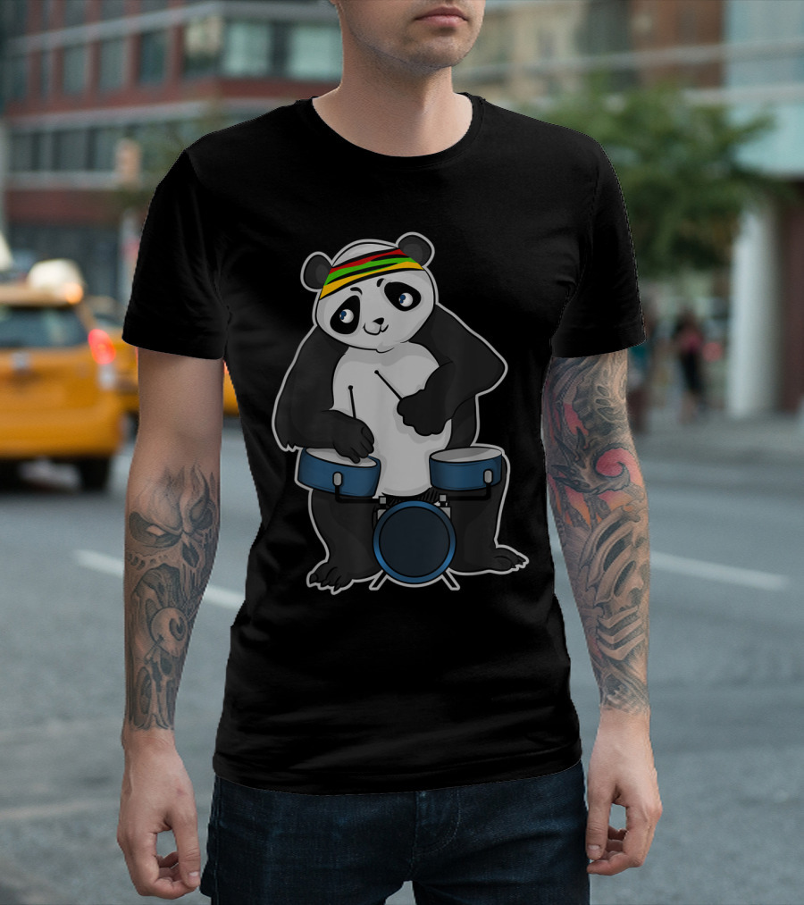 Panda Drummer With Reggae Headband Playing Blue Drum Set T-Shirt