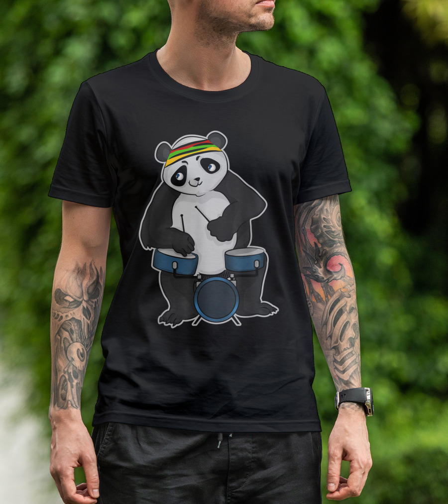 Panda Drummer With Reggae Headband Playing Blue Drum Set T-Shirt