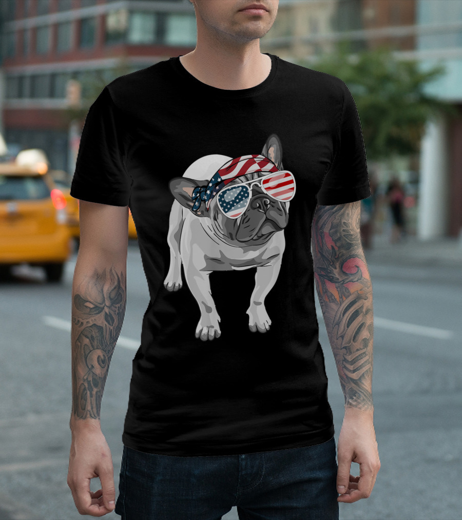 French Bulldog with American Flag Bandana and Sunglasses USA T-Shirt