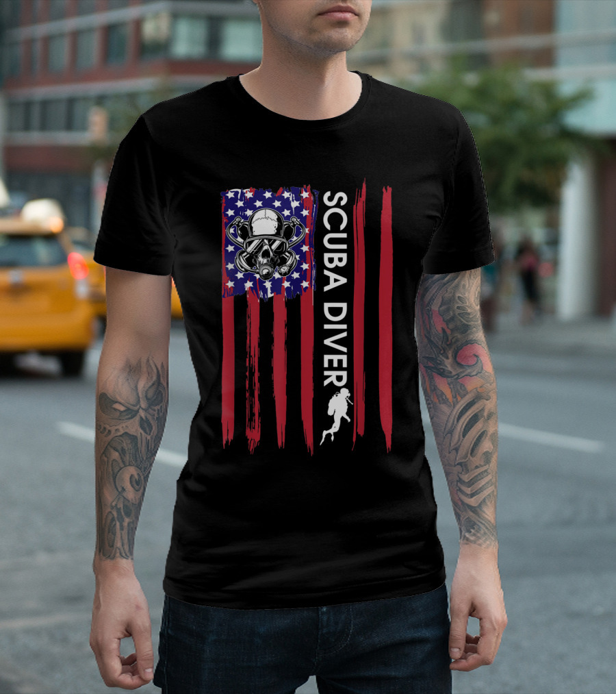 Scuba Diver USA Flag Skull with Diving Helmet and Diver T-Shirt