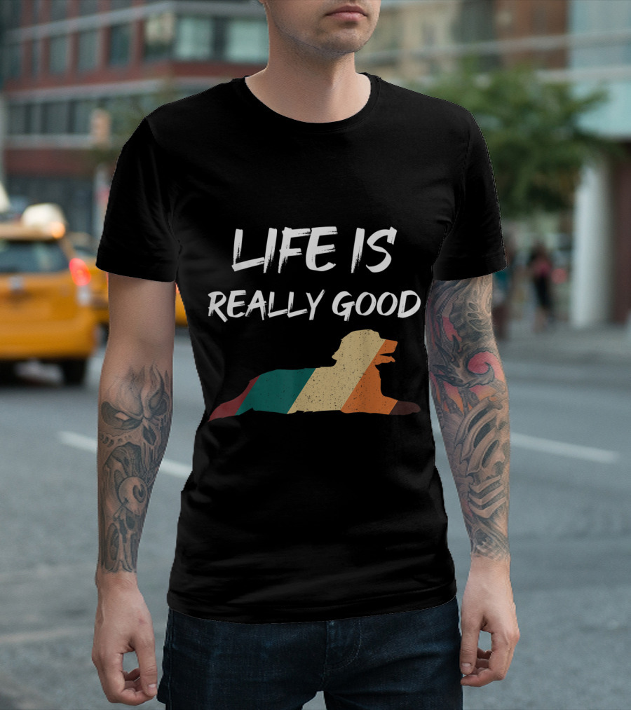 Life Is Really Good Golden Retriever Silhouette With Retro Stripes T-Shirt