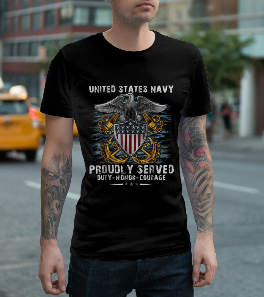 United States Navy Proudly Served Duty Honor Courage Eagle Anchor Shield Stars T-Shirt