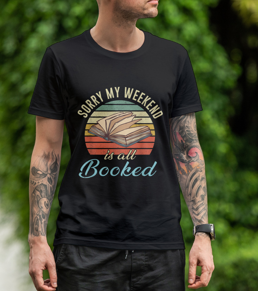 Sorry My Weekend Is All Booked Open Book Retro Stripes T-Shirt