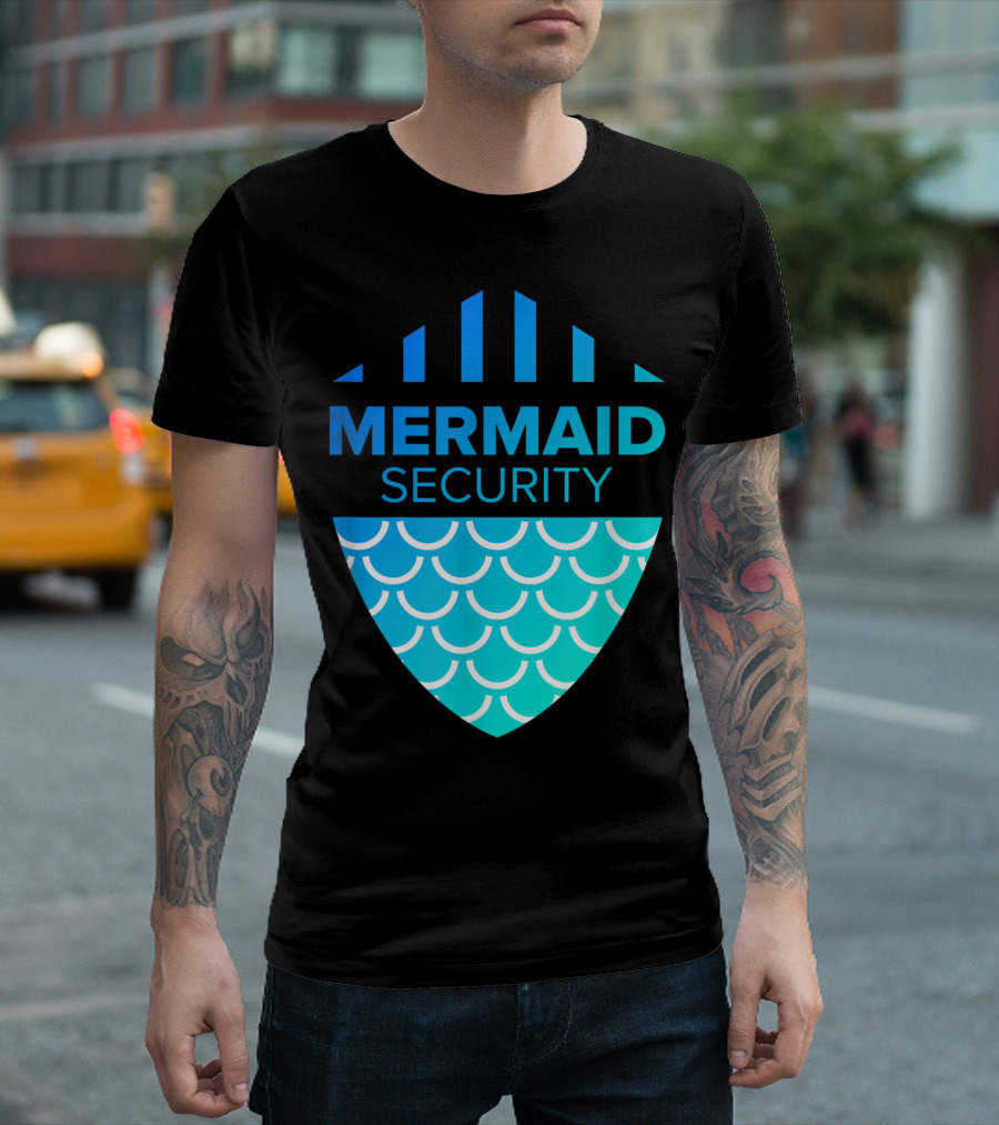 Mermaid Security Shield with Aquatic Scales and Blue Gradient Text T-Shirt