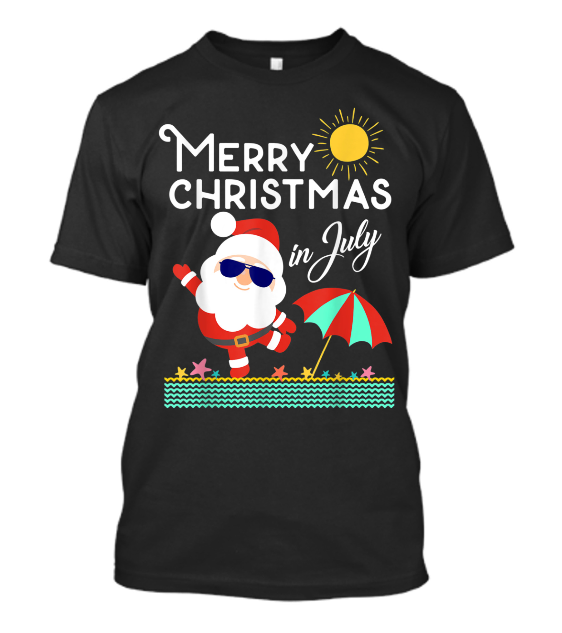 Merry Christmas In July Naughty Santa Beach Scene With Sun And Umbrella T-Shirt